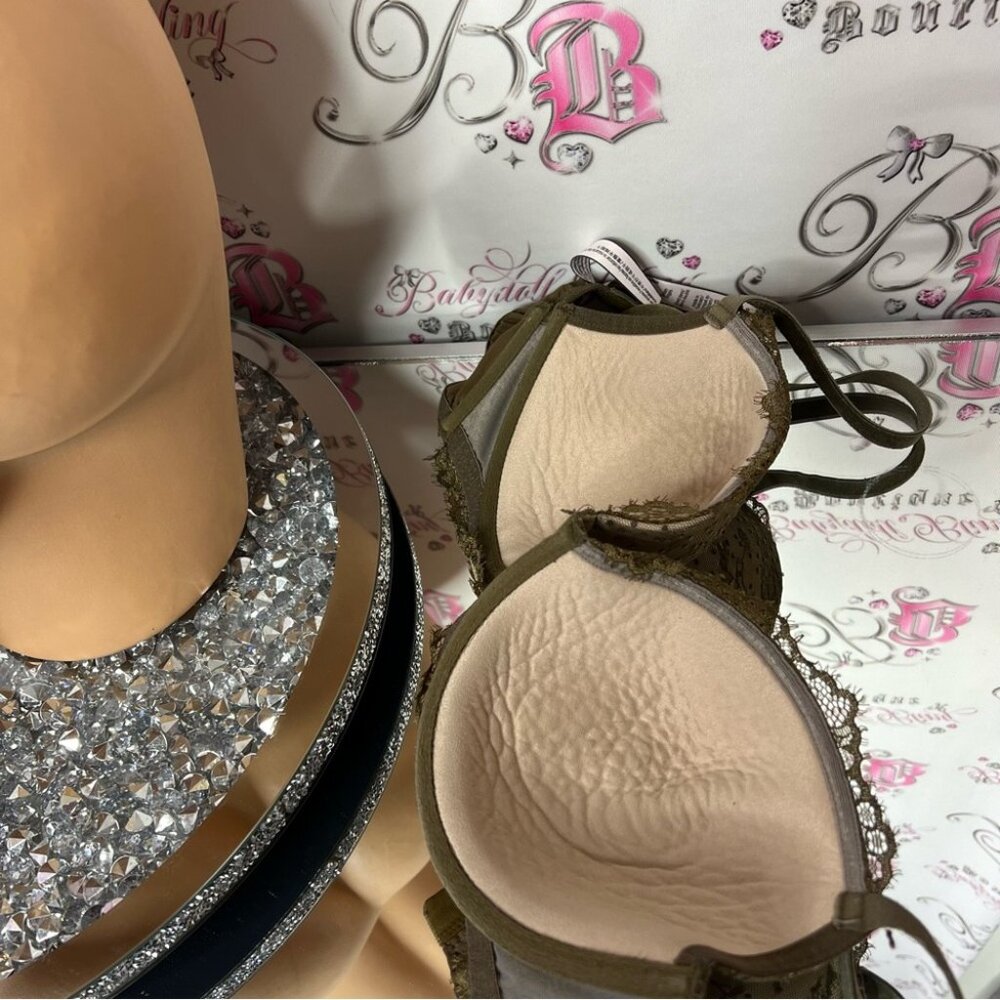 Victoria secret lined Demi bra green khaki lace velvet velour soft rare Angels - Picture 6 of 12